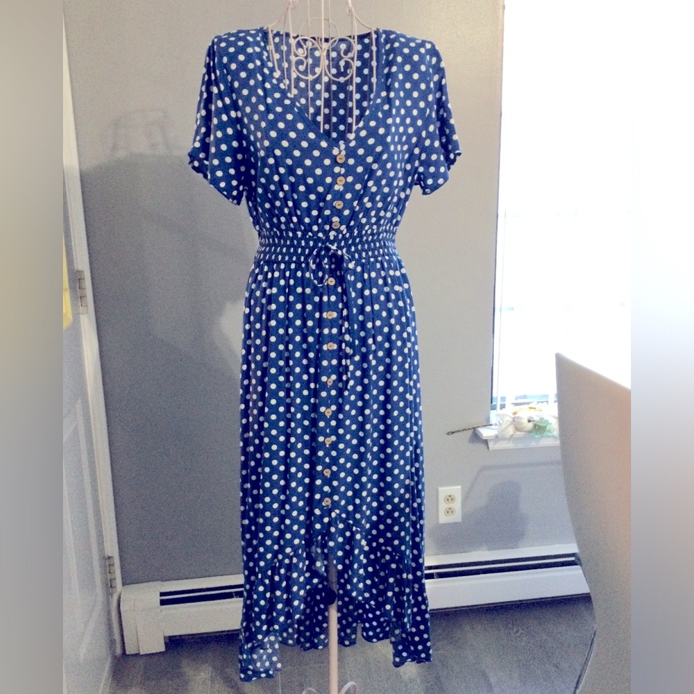 Ferrendo Amazon Short Sleeve royal blue with white polka dots long dress